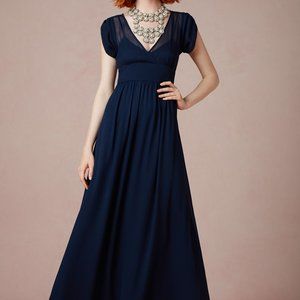 New Free People Genuine Silk S Long Maxi Dress A Line Short Sleeve V-Neck Navy